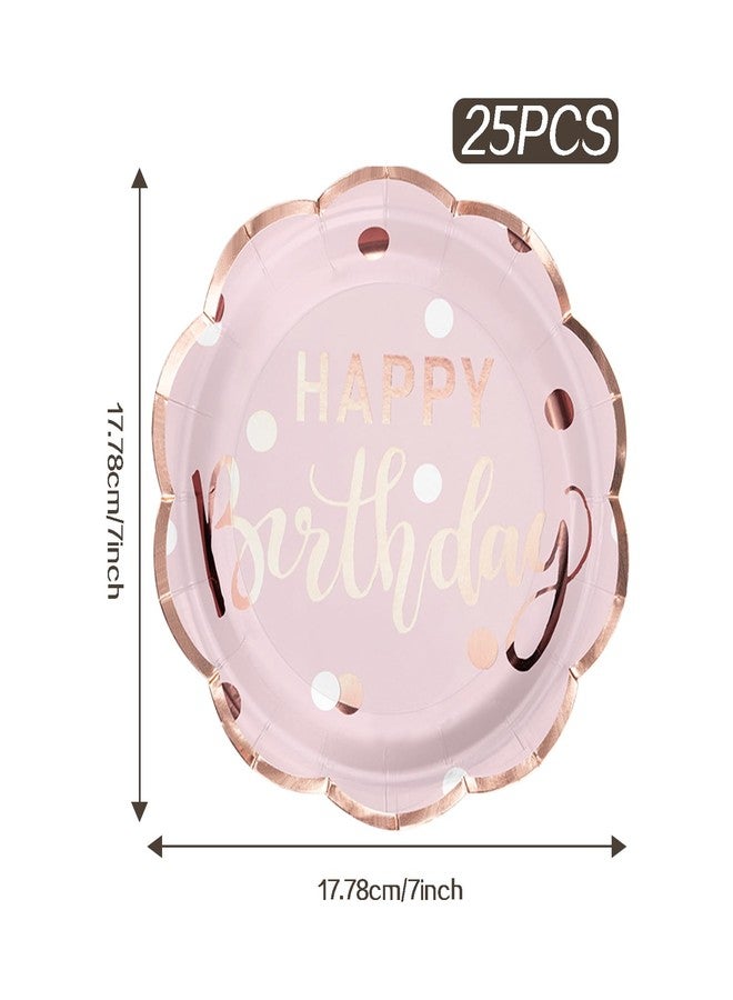 LeZakaa 25Pcs Birthday Paper Plates - Happy Birthday Lettering in Pink Rose Gold Foil Design Disposable Party Plates Decorative Tableware Supplies Table Decor - 7 Inch - Image 2