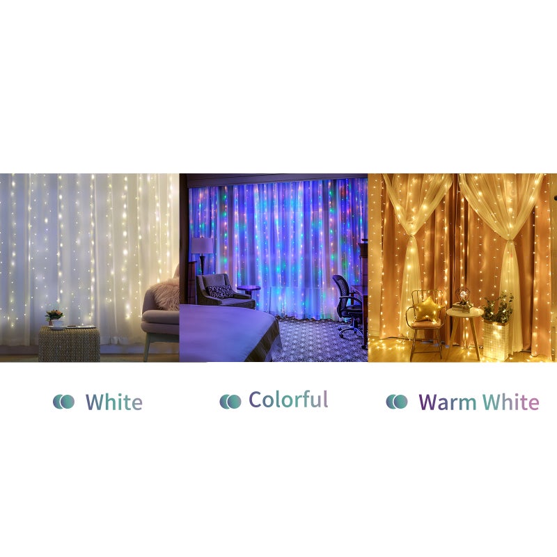 LED Curtain String Lights: Multicolor 300 LEDs, 8 Lighting Modes - 4 Music Control Modes, Remote Control for Indoor Outdoor Party Decor - Image 3