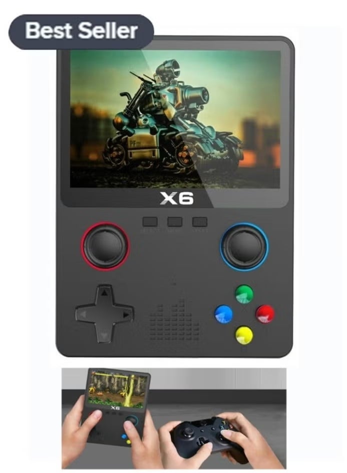 يدعم جهاز الألعاب المحمول X6 Retro مخرج التلفزيون، ويتميز بذاكرة تخزين داخلية بسعة 64 جيجابايت لأكثر من 10000 لعبة كلاسيكية، وشاشة OCA IPS مقاس 3.5 بوصة، وعصا تحكم ثلاثية الأبعاد، و11 محاكيًا. - Image 3