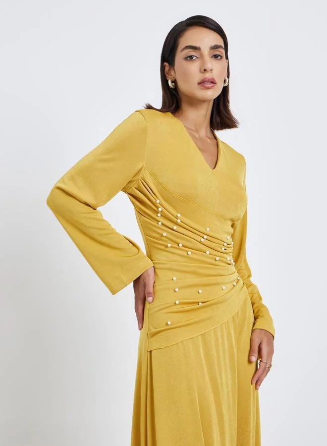 Styli Solid Pleated waist Festive Elegance Maxi Dress