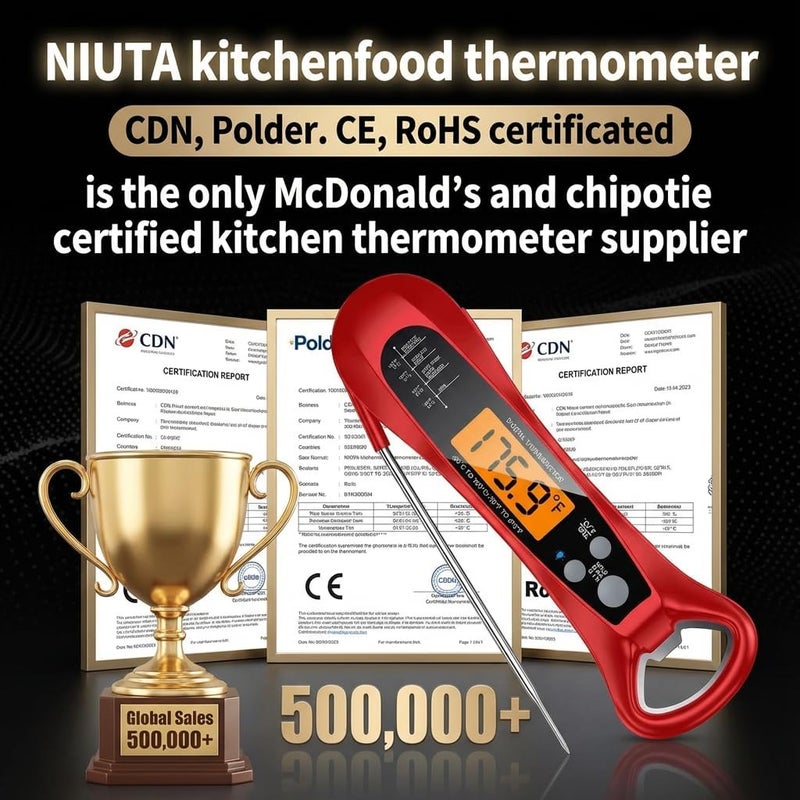 Niuta Meat Thermometer Digital, 1 Sec Instant Read, NIST Certified Accurate to ±0.5℉, Ultra Bright LED Screen, 100% Waterproof, Auto-Rotate, BBQ/Smoker/Candy, Valentines Gift, Red - Image 3