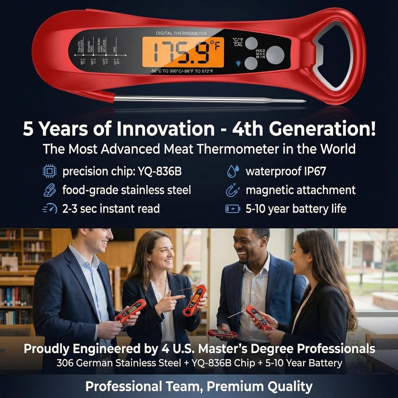 Niuta Meat Thermometer Digital, 1 Sec Instant Read, NIST Certified Accurate to ±0.5℉, Ultra Bright LED Screen, 100% Waterproof, Auto-Rotate, BBQ/Smoker/Candy, Valentines Gift, Red - Image 2