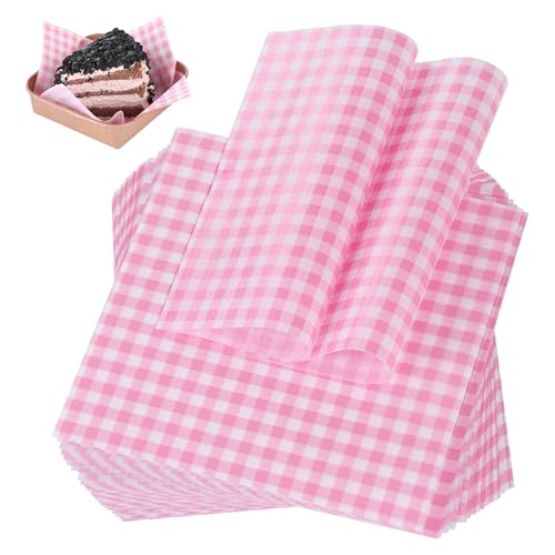 SUCCEFORT 100 Pieces Wax Paper Sheets 7x7 Inch, Food Basket Liners Deli Wax Paper Sheets for Wrapping Bread Sandwiches Fries, Pink Checkered - Image 1