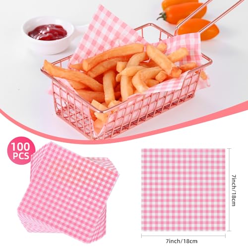 SUCCEFORT 100 Pieces Wax Paper Sheets 7x7 Inch, Food Basket Liners Deli Wax Paper Sheets for Wrapping Bread Sandwiches Fries, Pink Checkered - Image 2