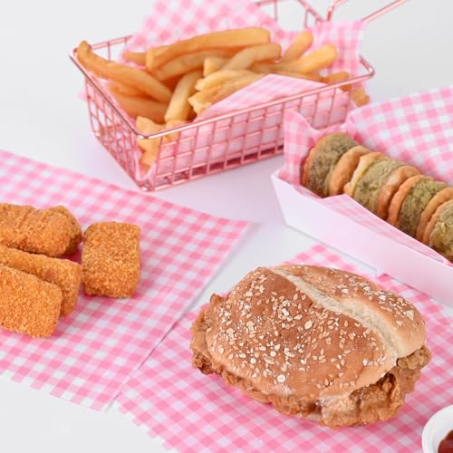 SUCCEFORT 100 Pieces Wax Paper Sheets 7x7 Inch, Food Basket Liners Deli Wax Paper Sheets for Wrapping Bread Sandwiches Fries, Pink Checkered - Image 5