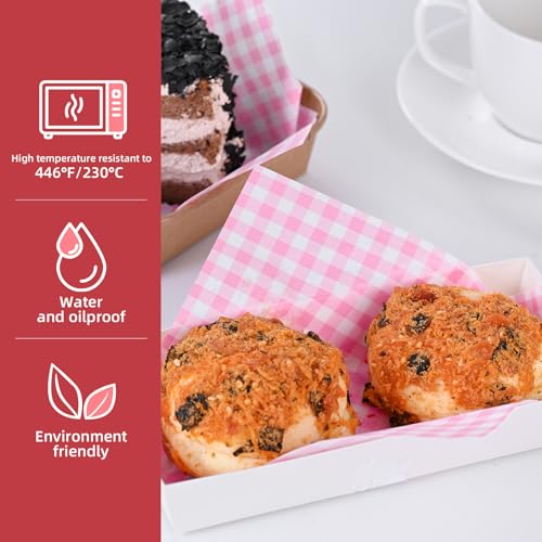 SUCCEFORT 100 Pieces Wax Paper Sheets 7x7 Inch, Food Basket Liners Deli Wax Paper Sheets for Wrapping Bread Sandwiches Fries, Pink Checkered - Image 4