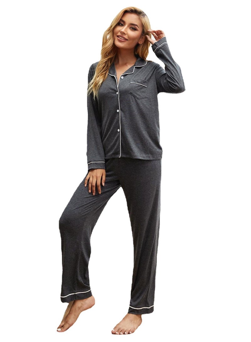 Loquat Women's Loose 2-Piece Set Pajamas Long Sleeve Top And Pants Soft Loungewear Nightgown Suit Leisure Wear Deep Grey  - Image 1