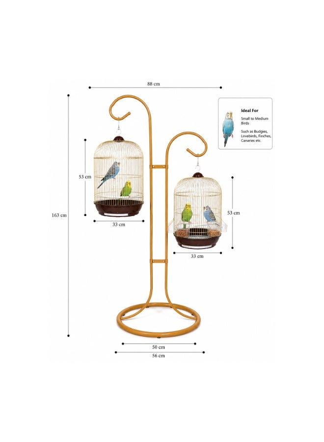 DAYANG Twin Hanging Bird Cage with Floor Stand - 163cm Tall Decorative Gold Set with 2 Cylindrical Cages 33x53cm for Budgies Lovebirds Finches Canaries, Small Medium Birds with Feeders and Removable Tray Base - Image 3
