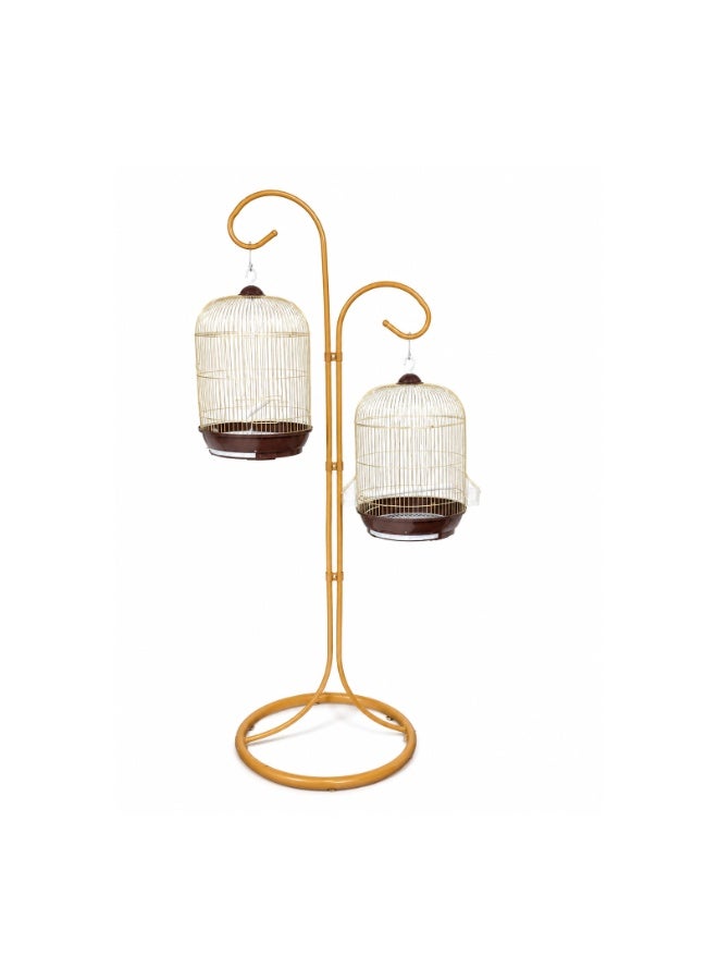 DAYANG Twin Hanging Bird Cage with Floor Stand - 163cm Tall Decorative Gold Set with 2 Cylindrical Cages 33x53cm for Budgies Lovebirds Finches Canaries, Small Medium Birds with Feeders and Removable Tray Base - Image 1