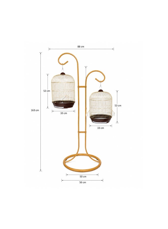 DAYANG Twin Hanging Bird Cage with Floor Stand - 163cm Tall Decorative Gold Set with 2 Cylindrical Cages 33x53cm for Budgies Lovebirds Finches Canaries, Small Medium Birds with Feeders and Removable Tray Base - Image 2