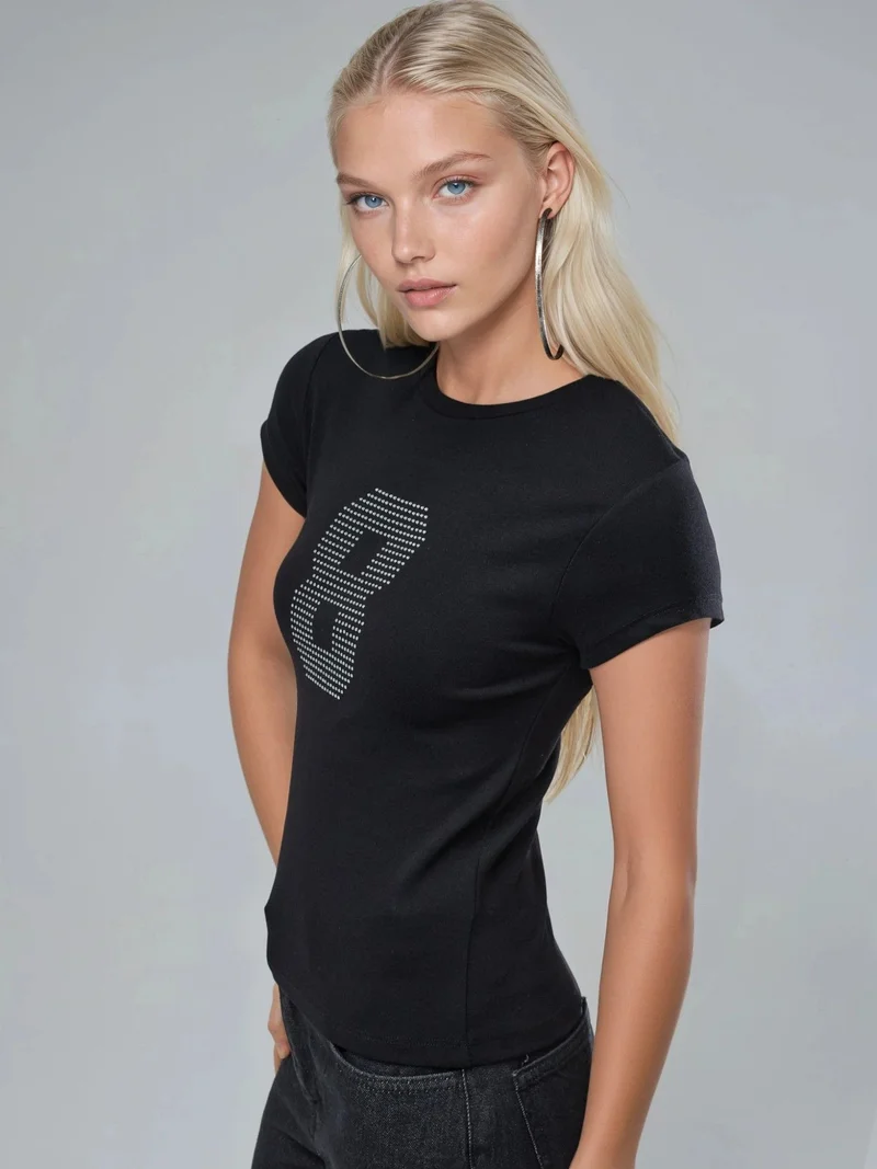 بوسيم BUSEM Short Sleeve Stretch Knit T-Shirt with Stone Detail