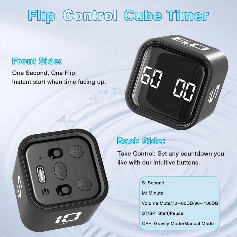Wbacon Cube Pomodoro Timer, Desk Productivity Timer 5/10/30/60 Minutes & Custom Countdown, Adjustable & Silent Visual Timer, ADHD Tool Flip Rotating Portable Multi Timers for Study Task Work Kitchen School - Image 3