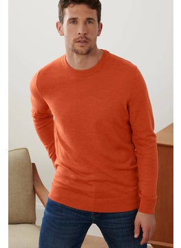 Men Crew Neck Textured Long Sleeve Sweater, Pumpkin Orange