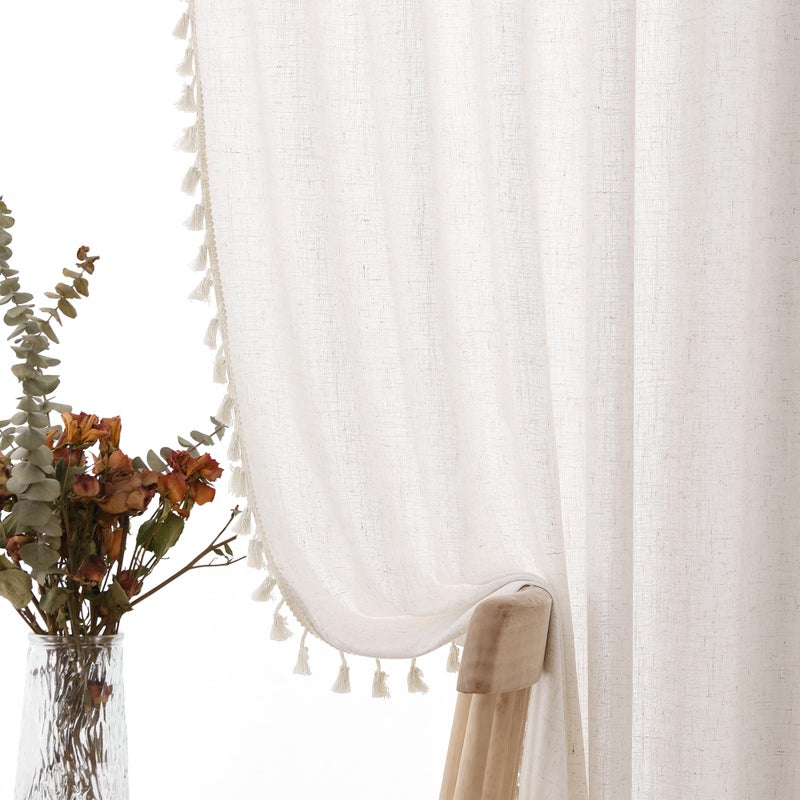 SPWIY Natural Boho Linen Curtains 84 Inches Long 2 Panels Cream Beige Semi Sheer Curtains Tassel Rod Pocket Back Tab Top Light Filtering Neutral Farmhouse Curtain for Living Room Bedroom 38x84 - Image 1