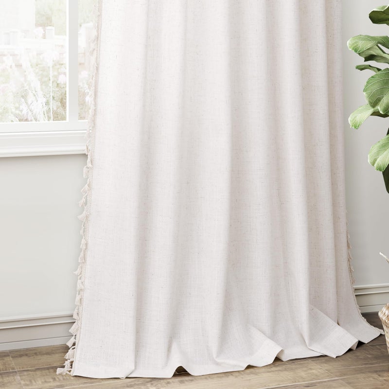 SPWIY Natural Boho Linen Curtains 84 Inches Long 2 Panels Cream Beige Semi Sheer Curtains Tassel Rod Pocket Back Tab Top Light Filtering Neutral Farmhouse Curtain for Living Room Bedroom 38x84 - Image 5
