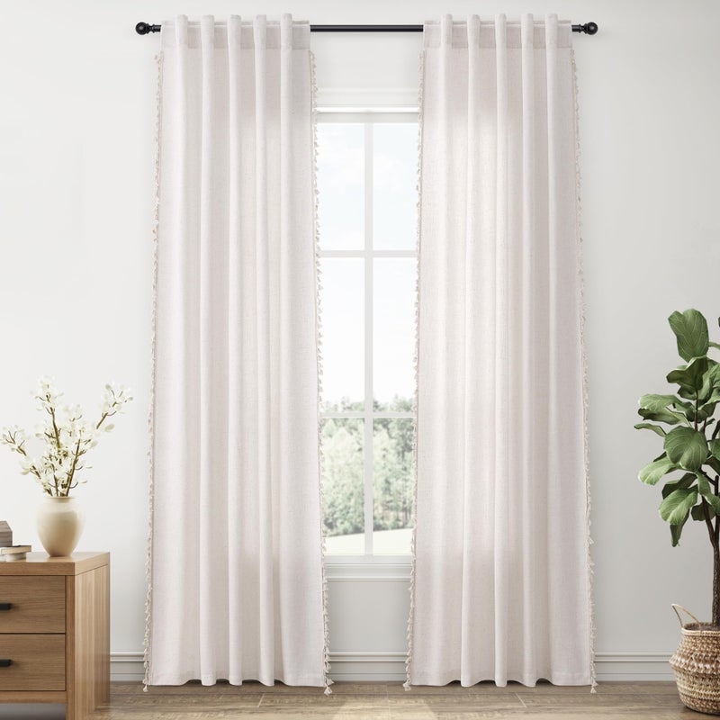 SPWIY Natural Boho Linen Curtains 84 Inches Long 2 Panels Cream Beige Semi Sheer Curtains Tassel Rod Pocket Back Tab Top Light Filtering Neutral Farmhouse Curtain for Living Room Bedroom 38x84 - Image 3