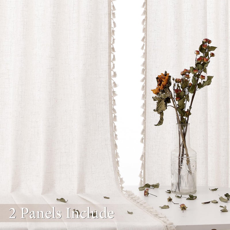 SPWIY Natural Boho Linen Curtains 84 Inches Long 2 Panels Cream Beige Semi Sheer Curtains Tassel Rod Pocket Back Tab Top Light Filtering Neutral Farmhouse Curtain for Living Room Bedroom 38x84 - Image 2