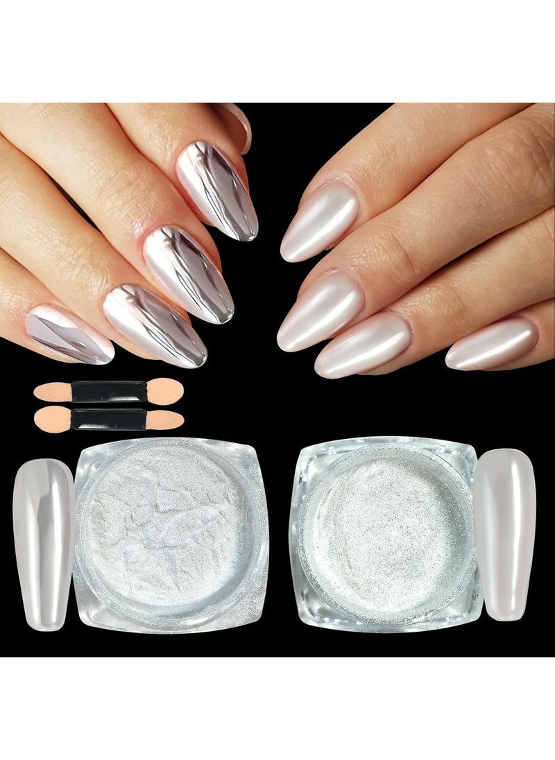 U-Shinein 2PCS Super Glossy Mirror Effect White Pearl Chrome Nail Powder, Magic White Moonlight Effect Iridescent Pigment Powder, Pearlescent Iridescent Glitters Powder Metallic Pigment for Nails 
