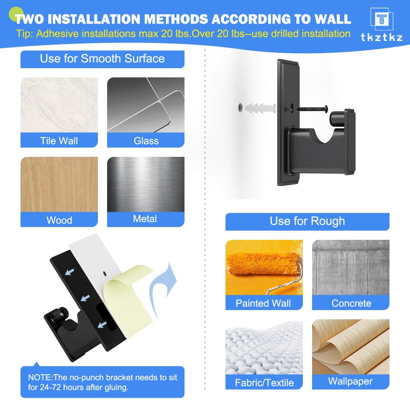 TKZTKZ Black Curtain Rods No Drilling-Adjustable No Drill Curtain Rods for Windows 32-45 Inch with Adhesive Brackets for Bedroom Apartment Renter Friendly 5/8" Small Door Cafe Single Rod Easy Install - Image 3