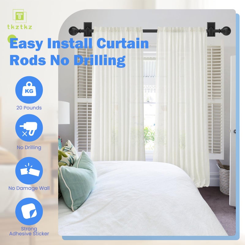 TKZTKZ Black Curtain Rods No Drilling-Adjustable No Drill Curtain Rods for Windows 32-45 Inch with Adhesive Brackets for Bedroom Apartment Renter Friendly 5/8" Small Door Cafe Single Rod Easy Install - Image 4
