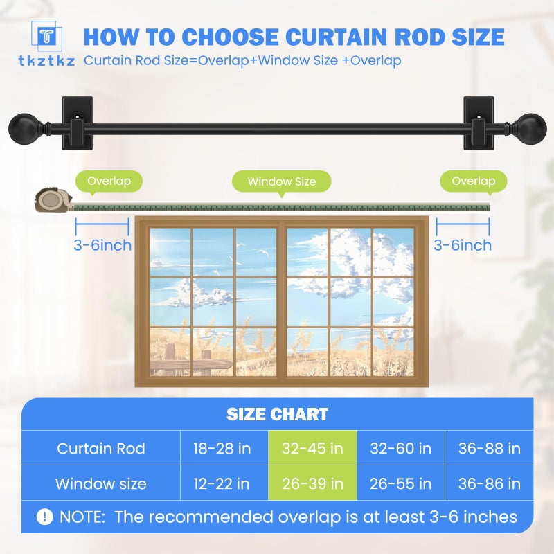 TKZTKZ Black Curtain Rods No Drilling-Adjustable No Drill Curtain Rods for Windows 32-45 Inch with Adhesive Brackets for Bedroom Apartment Renter Friendly 5/8" Small Door Cafe Single Rod Easy Install - Image 5