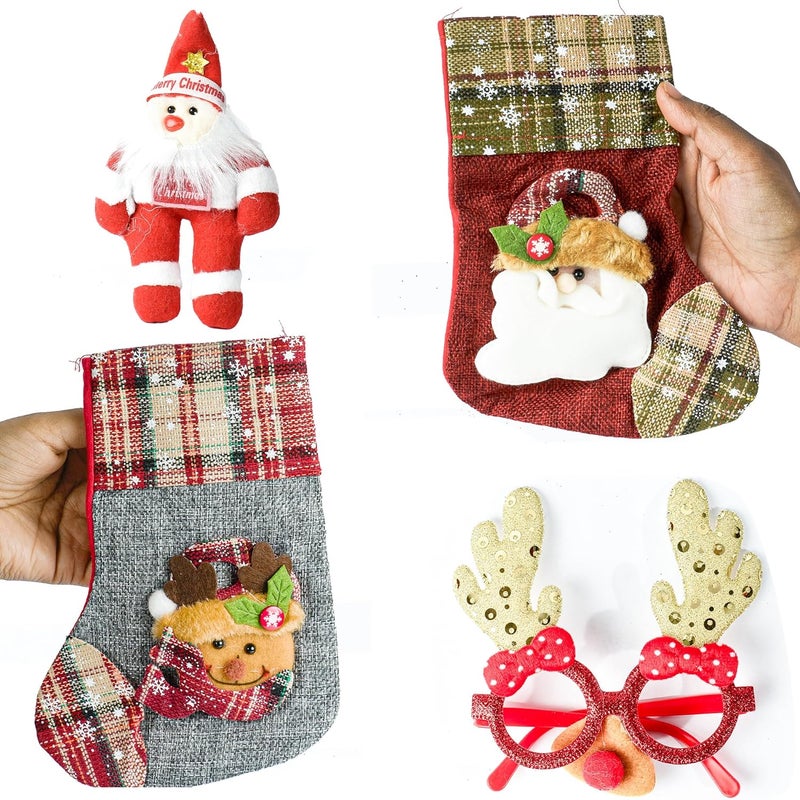 Coll of Fest Coll of Fest Christmas Decorations Items 2 pcs Stockings 1 pcs Santa Goggle 1 pcs Santa Doll for Christmas Home Living RoomChristmas Stockings Wall Door Tree Hanging Ornament Props Set of 4 - Image 1