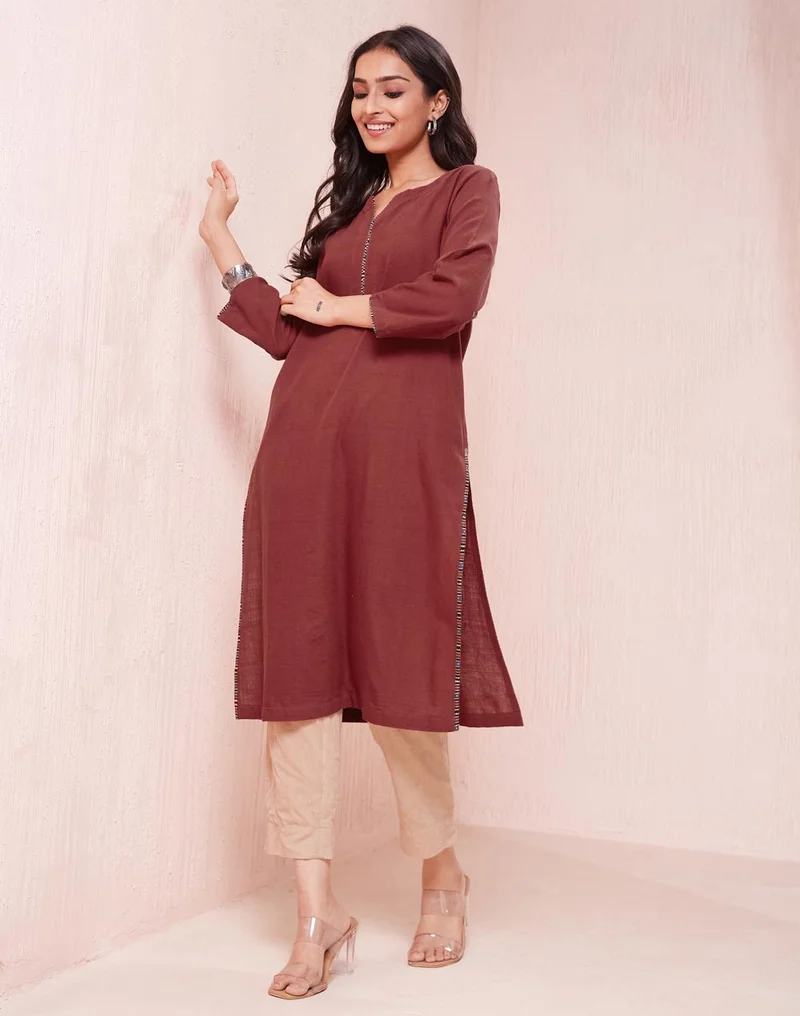 Fabindia Maroon Cotton  Knee Length Kurta