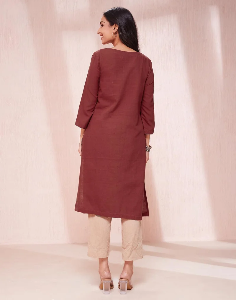 Fabindia Maroon Cotton  Knee Length Kurta