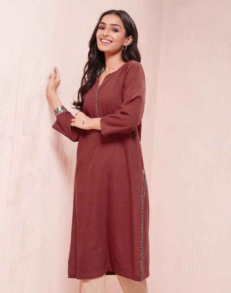 Fabindia Maroon Cotton  Knee Length Kurta