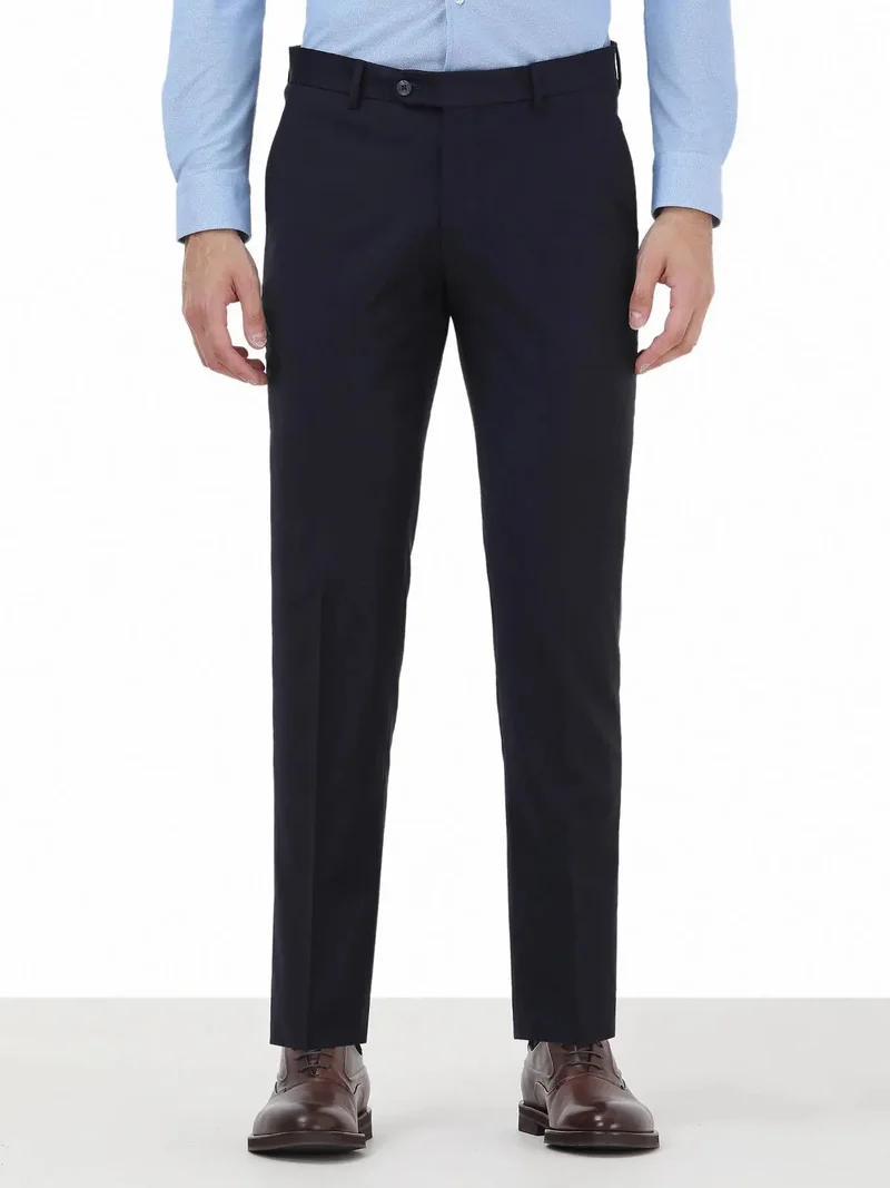 Kip Navy Blue Weaving Fitted Fit Classical Wool Blended Trousers