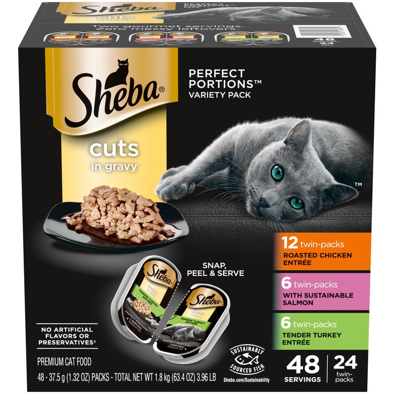 Sheba Wet Food Sheba Perfect Portions Wet Cat Food Cuts in Gravy Variety Pack, Roasted Chicken Entree, With Sustainable Salmon, and Tender Turkey Entree, 2.6 oz. Twin-Pack Trays (24 Count, 48 Servings) - Image 1