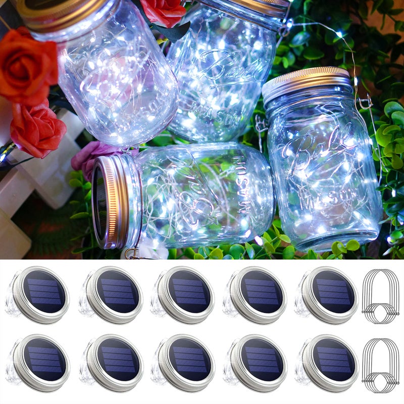SmilingTown Mason Jar Solar Lights 30 LED,10 Pack Hanging Solar Mason Jar Lantern Outdoor, Waterproof Fairy Lights Solar Lanterns for Patio Garden, Wedding,Yard - Cool White (NO Jars) - Image 1