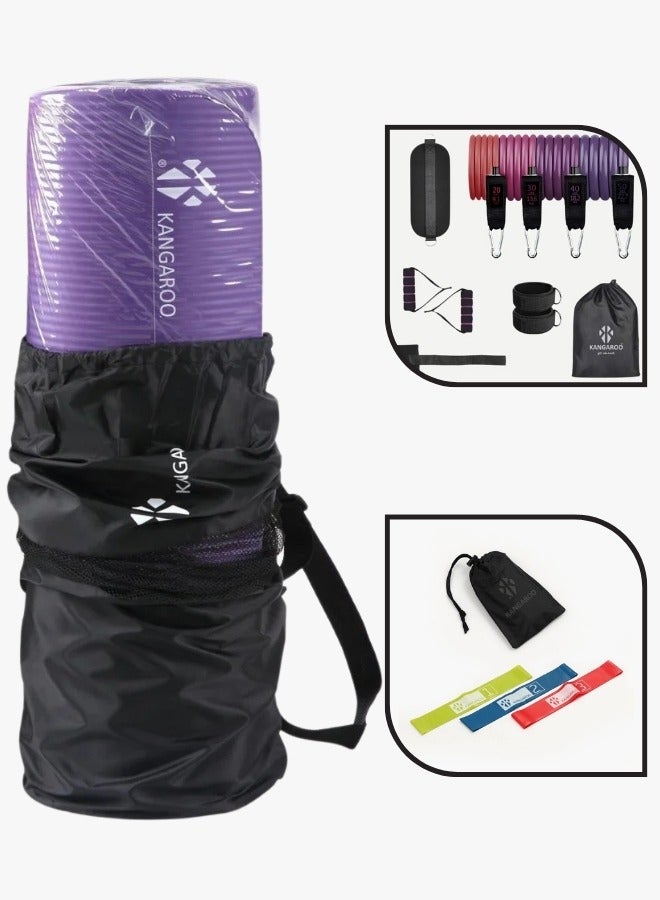 كانجرو مجموعة فرشة التمارين سمك 15 ملي لون بنفسجي مع حبال المقاومة الشاملة و رباط مطاط المقاومة