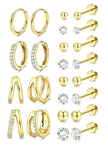 Jstyle Hypoallergenic 14k Gold Plated Stud Hoop Earrings for Women Surgical Stainless Steel Flat Back Earrings Small Stack Hoops Cartilage Earring Set for Multiple Piercing Jewelry Gifts for Women B - Image 1