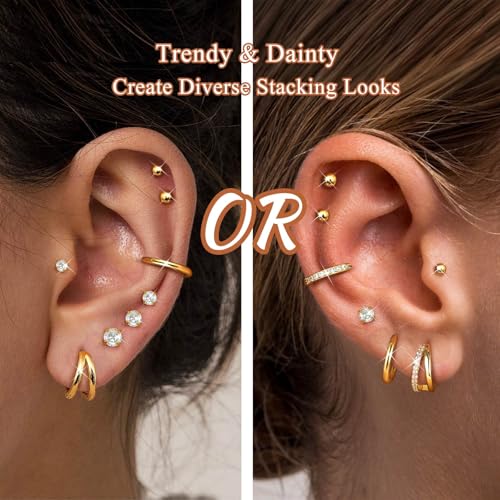 Jstyle Hypoallergenic 14k Gold Plated Stud Hoop Earrings for Women Surgical Stainless Steel Flat Back Earrings Small Stack Hoops Cartilage Earring Set for Multiple Piercing Jewelry Gifts for Women B - Image 4