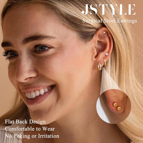 Jstyle Hypoallergenic 14k Gold Plated Stud Hoop Earrings for Women Surgical Stainless Steel Flat Back Earrings Small Stack Hoops Cartilage Earring Set for Multiple Piercing Jewelry Gifts for Women B - Image 2