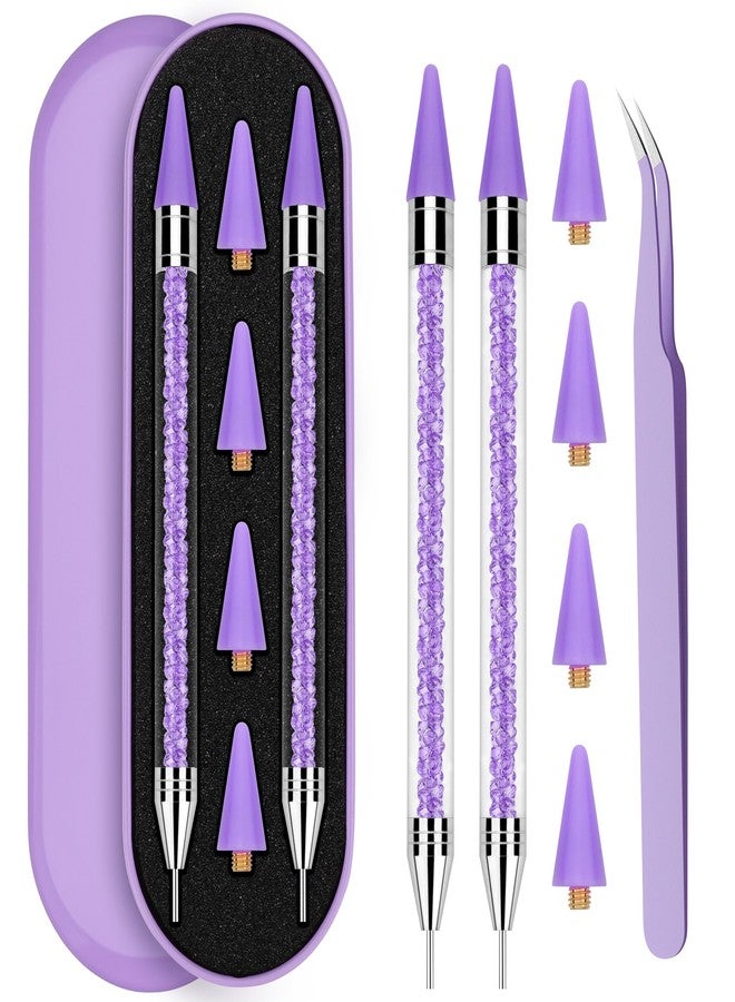 Rolybag Rhinestone Picker Tool, 2 Rhinestone Dotting Tool Wax Pen Dual-Ended with 4PCS Replaceable Wax Tips and 1 Tweezer for DIY Nail Art Tool (A- Purple) - Image 1