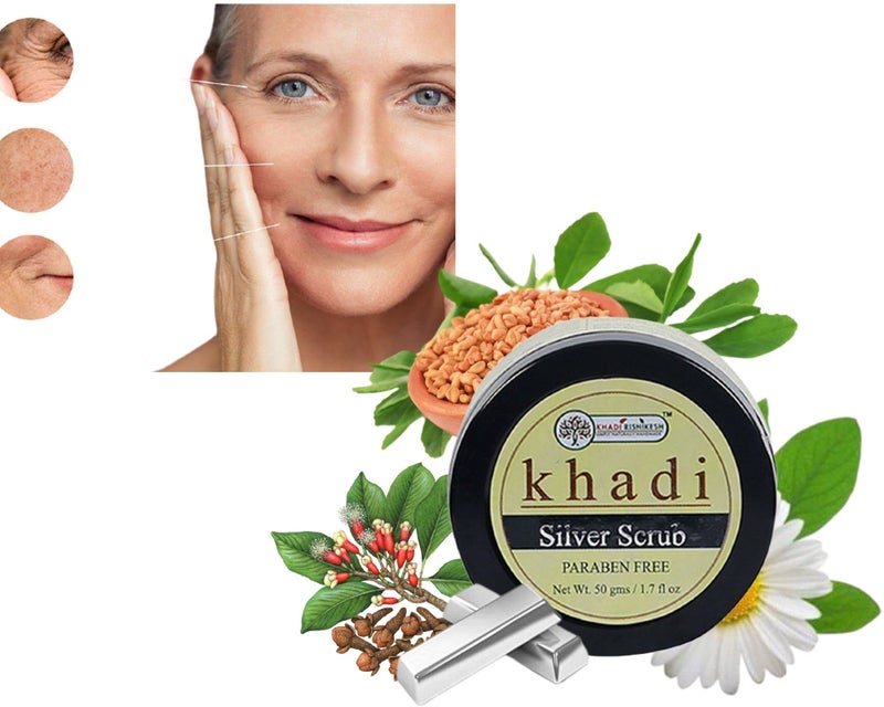 Khadi Rishikesh Herbal Silver Facial Scrub For Dead Skin & Acne Remover | Skin Lightening | Deep Exfoliation | Tan Removal Face Scrub,With Pure Silver Dust & Fenugreek,Clove,Men & Women - 50gm - Image 4
