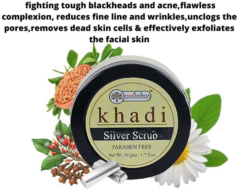 Khadi Rishikesh Herbal Silver Facial Scrub For Dead Skin & Acne Remover | Skin Lightening | Deep Exfoliation | Tan Removal Face Scrub,With Pure Silver Dust & Fenugreek,Clove,Men & Women - 50gm - Image 2