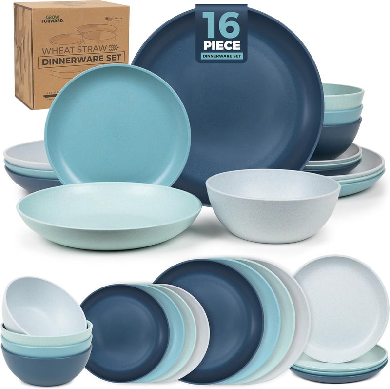 Grow Forward 16-piece Premium Wheat Straw Dinnerware Sets for 4 - Unbreakable Dishwasher & Microwave Safe Plastic Plates and Bowls Sets - Patio, Outdoors, RV, Camping Dishes - Seascape - Image 1