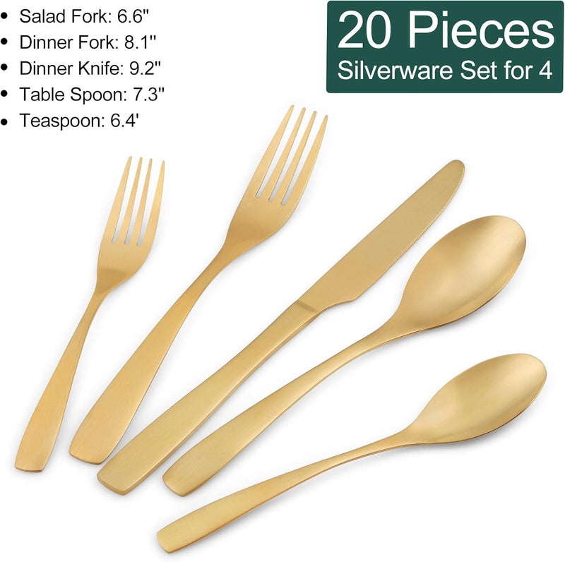 Bettlife Matte Gold Silverware Flatware Cutlery Set 20 Piece Dishwasher Safe Luxury Stainless Steel - Image 2