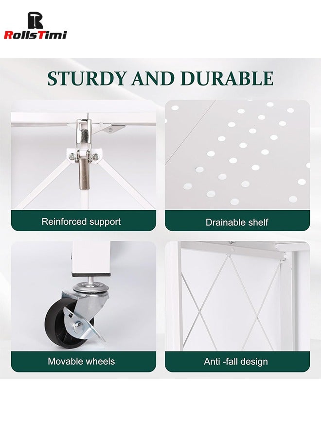 RollsTimi  Foldable 3-Tier Storage Shelves with Wheels, Folding Bookshelf No Assembly, Metal Display Shelf, White - Image 5