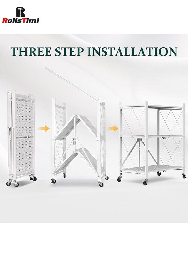 RollsTimi  Foldable 3-Tier Storage Shelves with Wheels, Folding Bookshelf No Assembly, Metal Display Shelf, White - Image 4