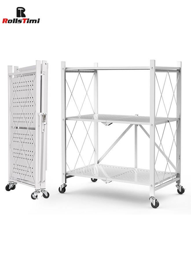RollsTimi  Foldable 3-Tier Storage Shelves with Wheels, Folding Bookshelf No Assembly, Metal Display Shelf, White - Image 1