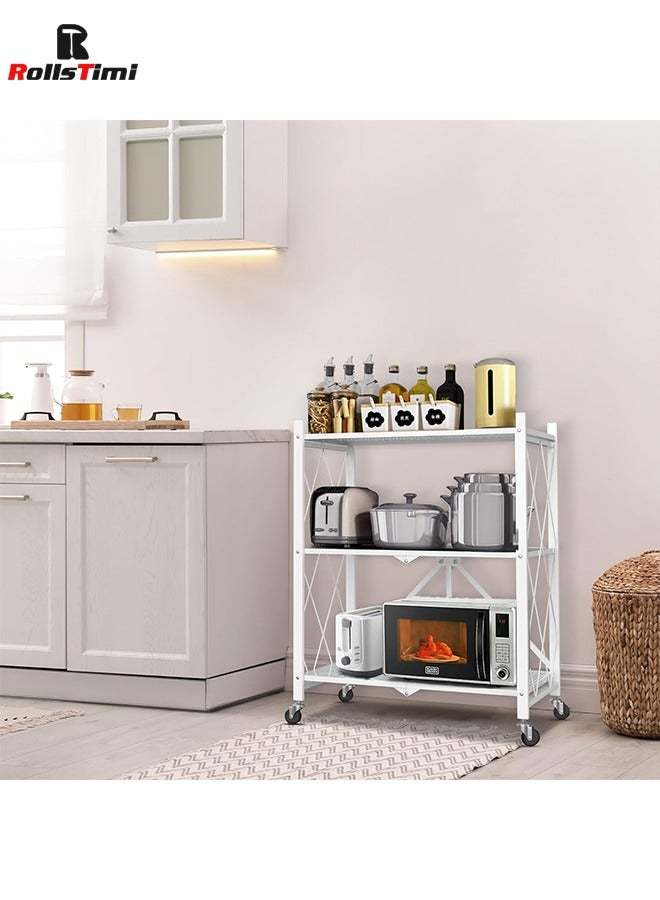 RollsTimi  Foldable 3-Tier Storage Shelves with Wheels, Folding Bookshelf No Assembly, Metal Display Shelf, White - Image 2