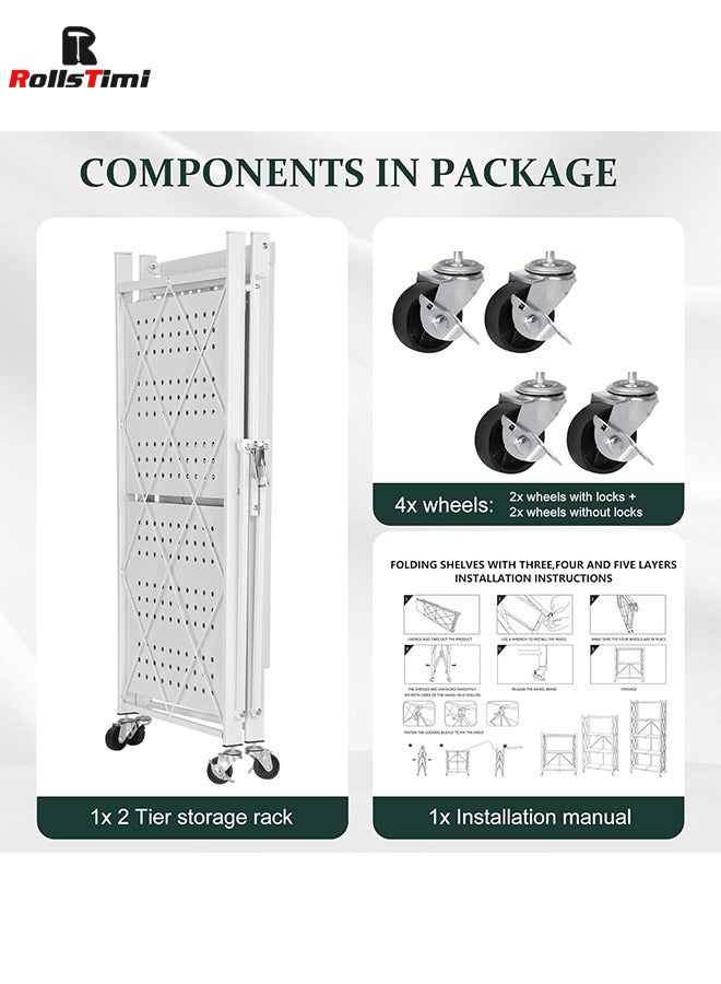 RollsTimi  Foldable 3-Tier Storage Shelves with Wheels, Folding Bookshelf No Assembly, Metal Display Shelf, White - Image 3