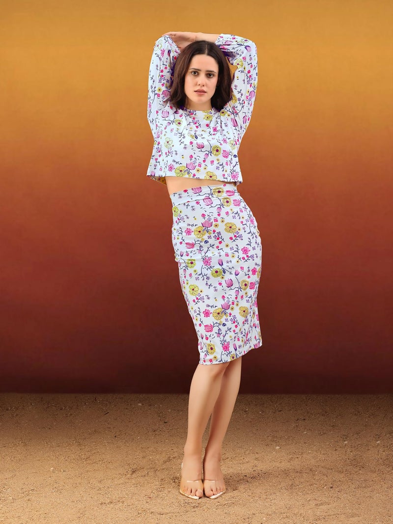 PURVAJA Women’s Puff Sleeve Midi Printed Multi Co-Ords (Maxi-048-L) Multicolour - Image 2