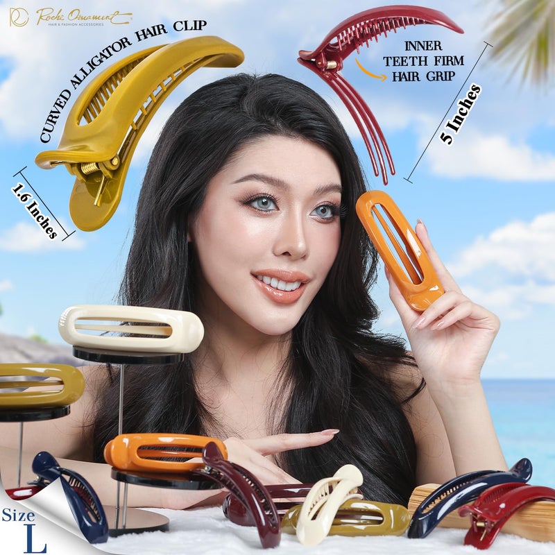 RC ROCHE ORNAMENT RC ROCHE 6 Pcs Flat Claw Hair Clips for Women Alligator French Barrette Long Thick Hair Duckbill Curved No Slip Grip Lay Flat Side Slide Firm Classic Styling, Large Classic Multicolor - Image 2