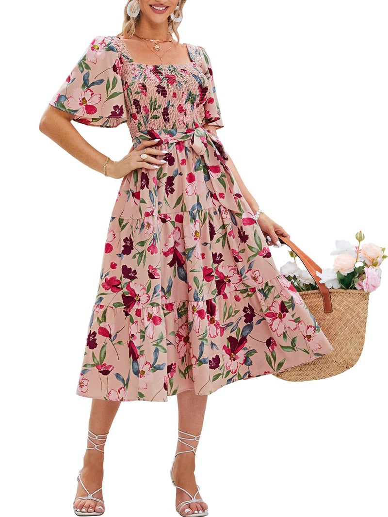 Amegoya Women's Flowy Summer Boho Floral Midi Dress Casual Square Neck Smocked Cottagecore Dress (Pink Floral XL) - Image 1