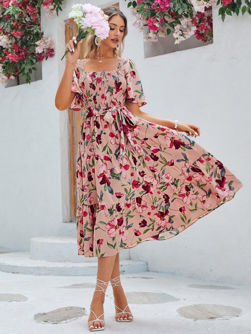 Amegoya Women's Flowy Summer Boho Floral Midi Dress Casual Square Neck Smocked Cottagecore Dress (Pink Floral XL) - Image 5